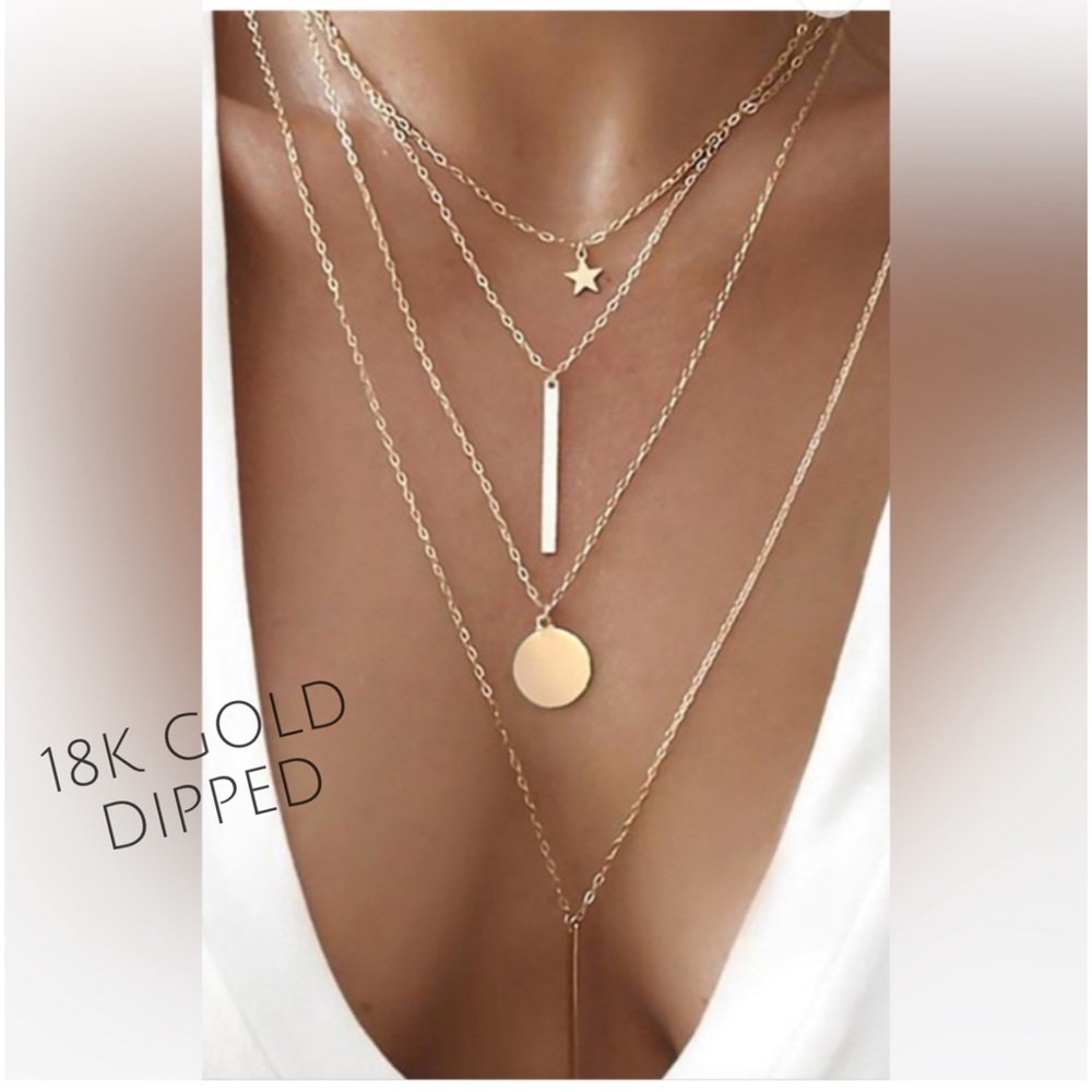 New 18K Gold Dipped Layered Necklace Star, Bars & Circle Boho Statement Necklace